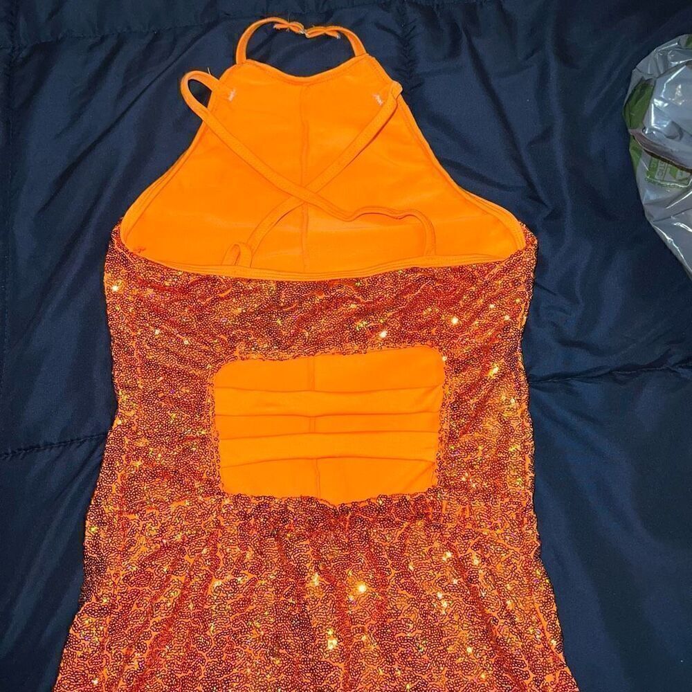 Revolution Rave festival dance bling dress w shorts orange sequin bling size S
